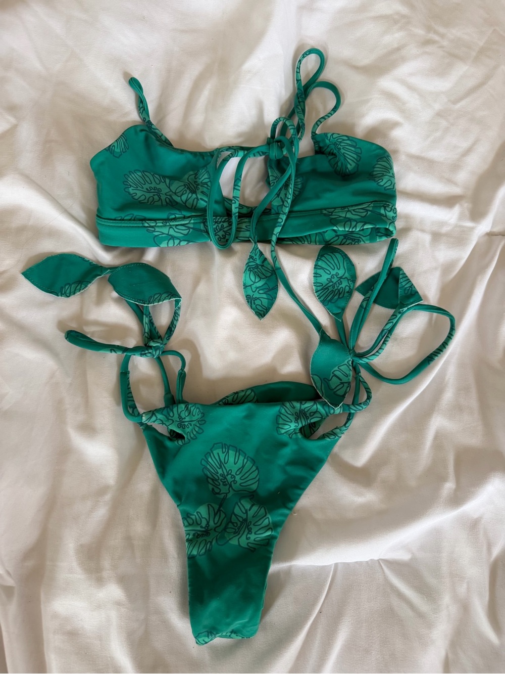 Benoa Swim Teal Green Leaf Print Tie-Side Bikini